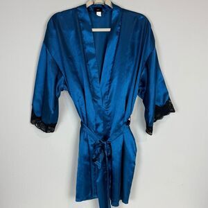 Frederick’s of Hollywood Blue Satin Short Robe Black Lace M